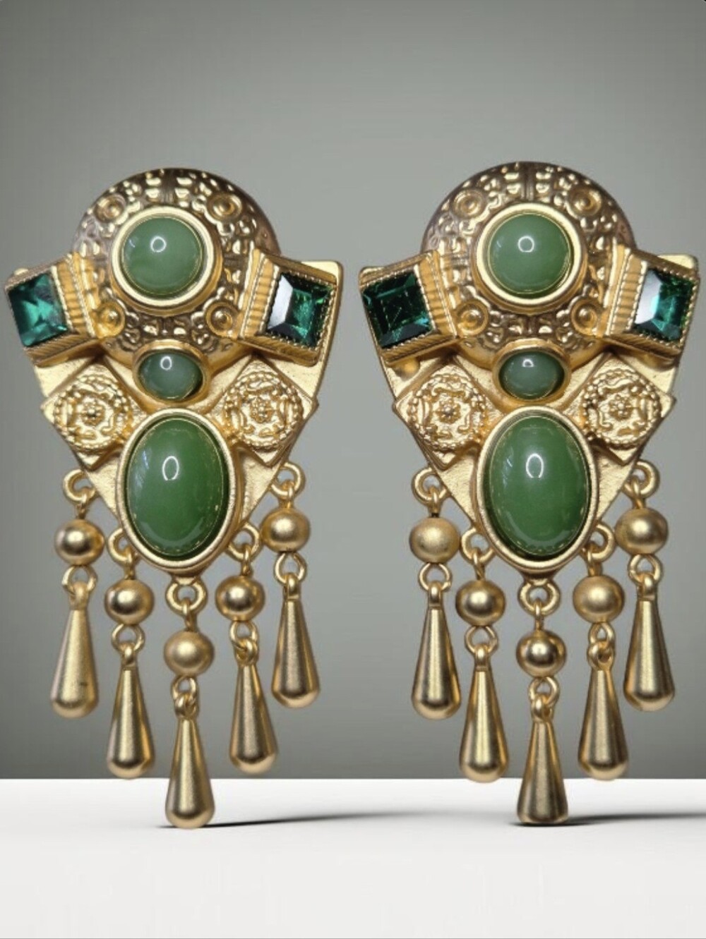 Matte Gold Plated Chunky Ornate Byzantine Glass Cabochon Crystal Dangle Earrings - Picture 5 of 6